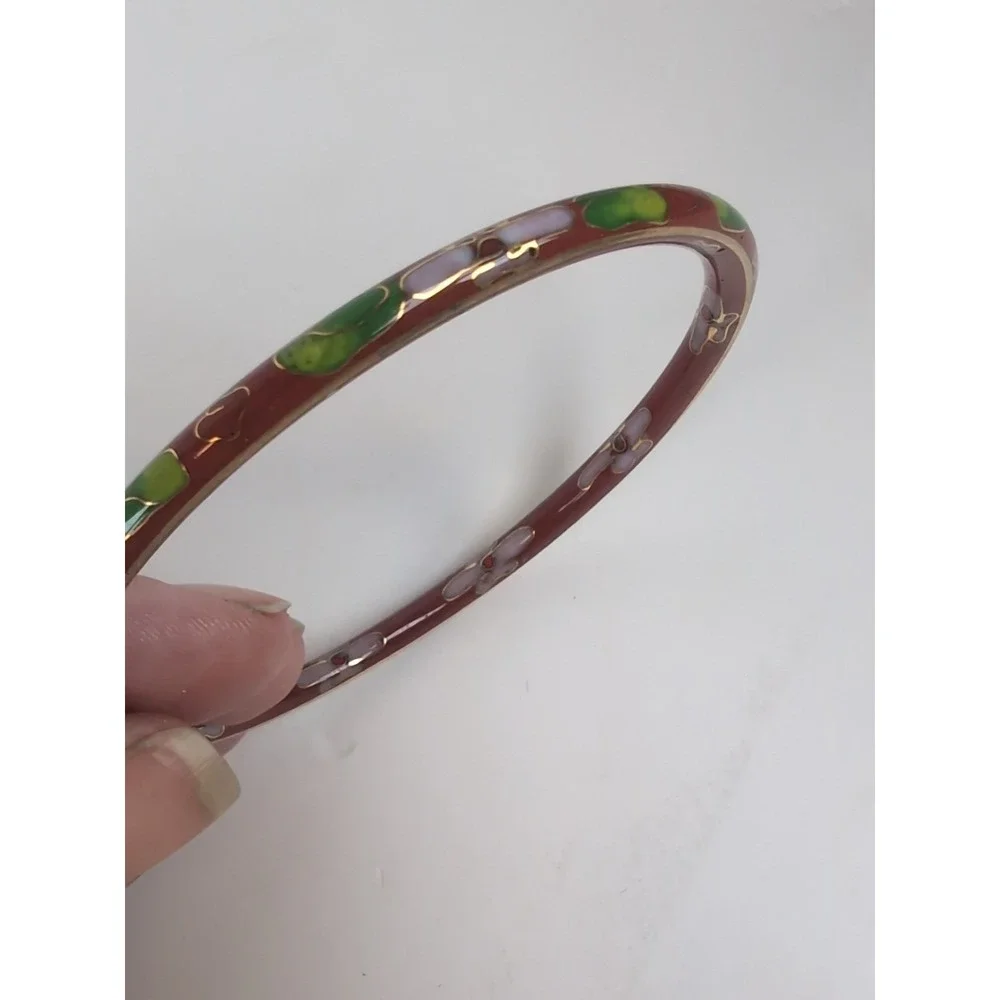 Cloisonné Bangles Bracelet Set of 3 Floral Metal Enamel Jewelry Vintage Retro